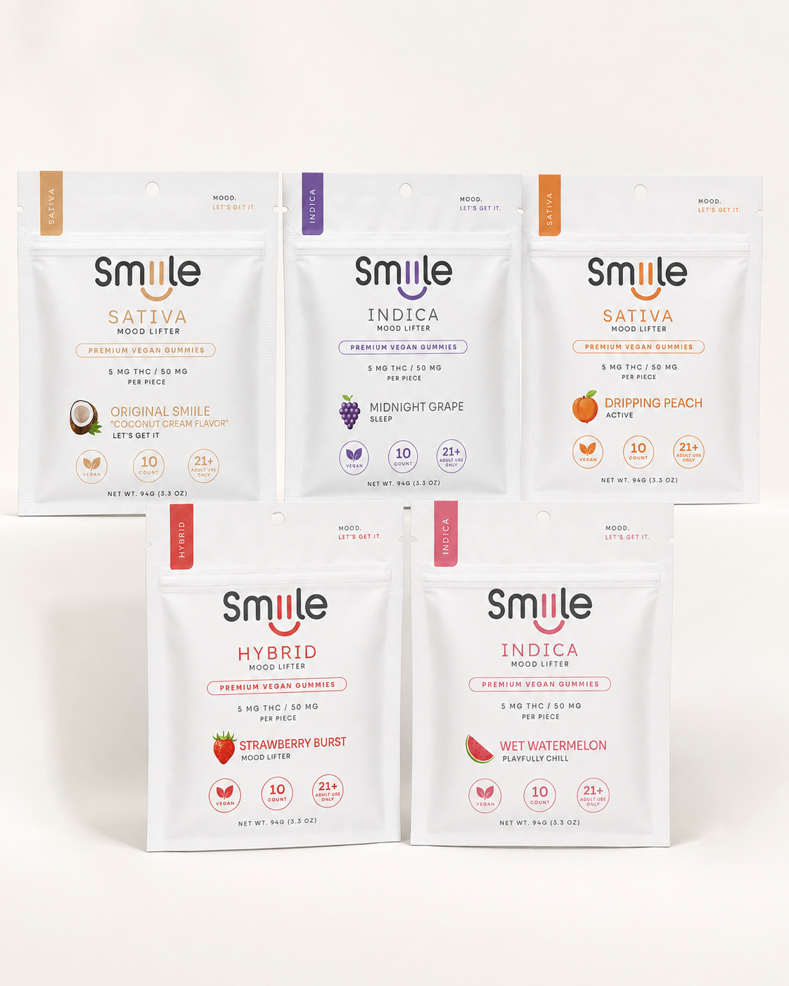 Five Smule product pouches in pastel colors arranged in two rows on a white background
