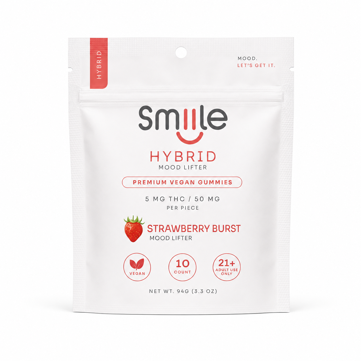 White Smile Hybrid strawberry burst pouch with pink accents and red label