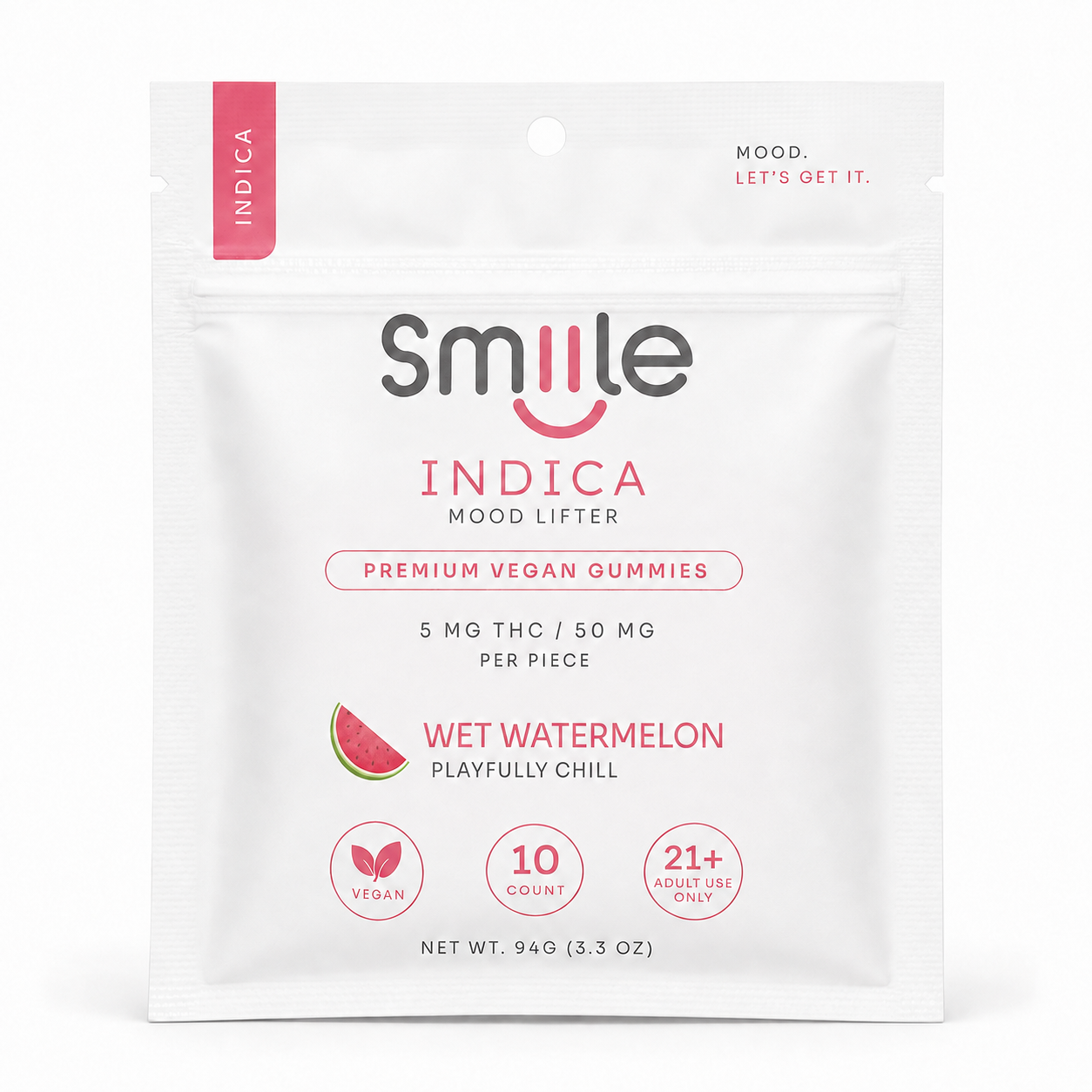 White Smile INDICA pouch labeled Wet Watermelon edible gummies, with pink accents and watermelon slice icon