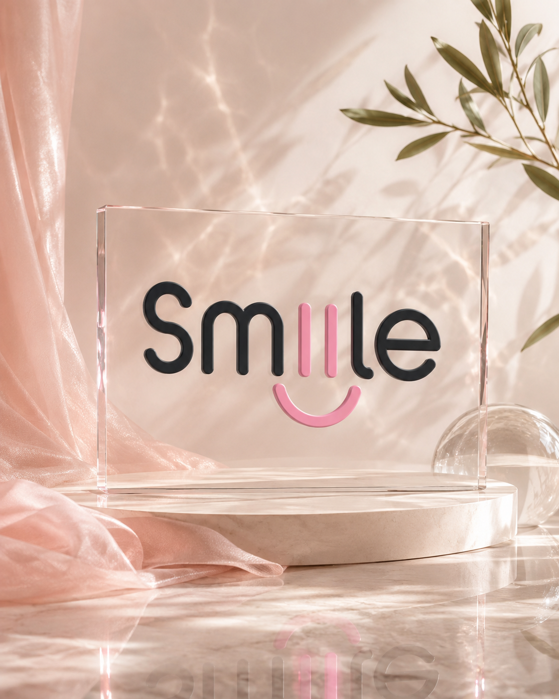 Clear acrylic sign with “Smile” text and a pink curved smile on a soft pink reflective background.