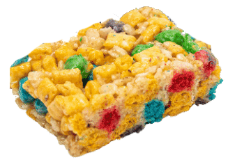 Colorful cereal bar with puffed grains and red, green, and blue pieces on a white background