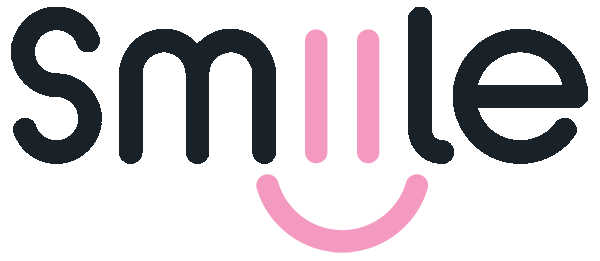 Stylized word “smile” with a pink smiley face forming the i and l