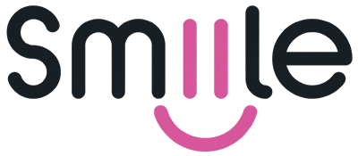 “smile” logo with black letters and a pink smiley face