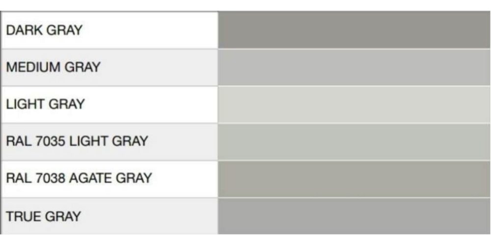 Gray color swatch chart labeled dark gray, medium gray, light gray, RAL 7035, RAL 7036, and true gray