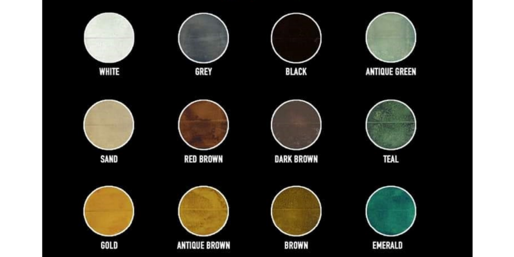 Color swatch chart showing 12 labeled circular samples in white, gray, black, and green-brown tones.