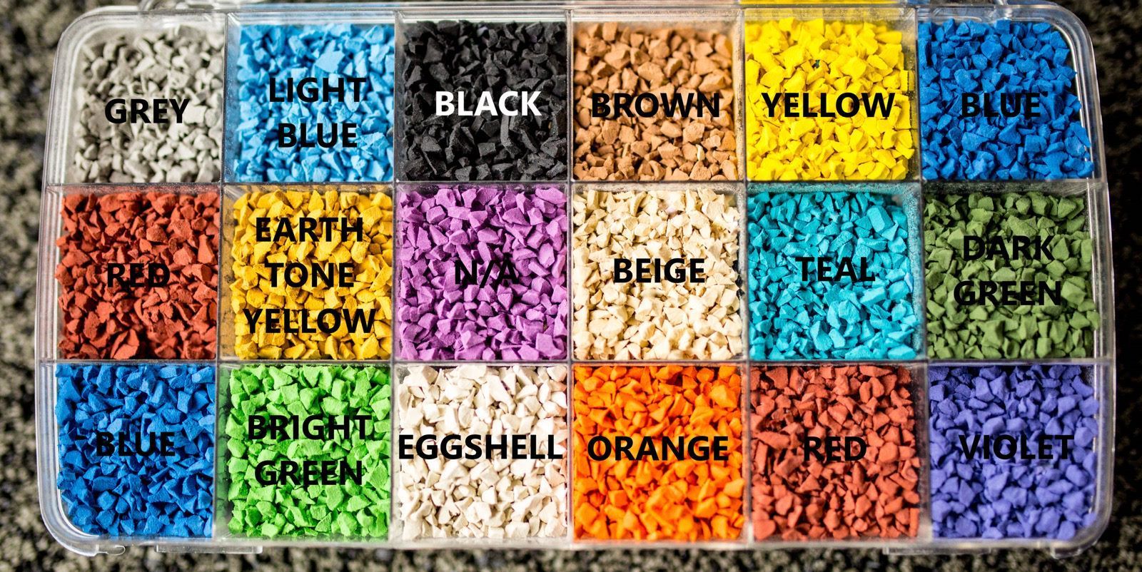 Colorful grid of 15 labeled paint swatches, including gray, black, brown, yellow, blue, teal, orange, red, and purple.