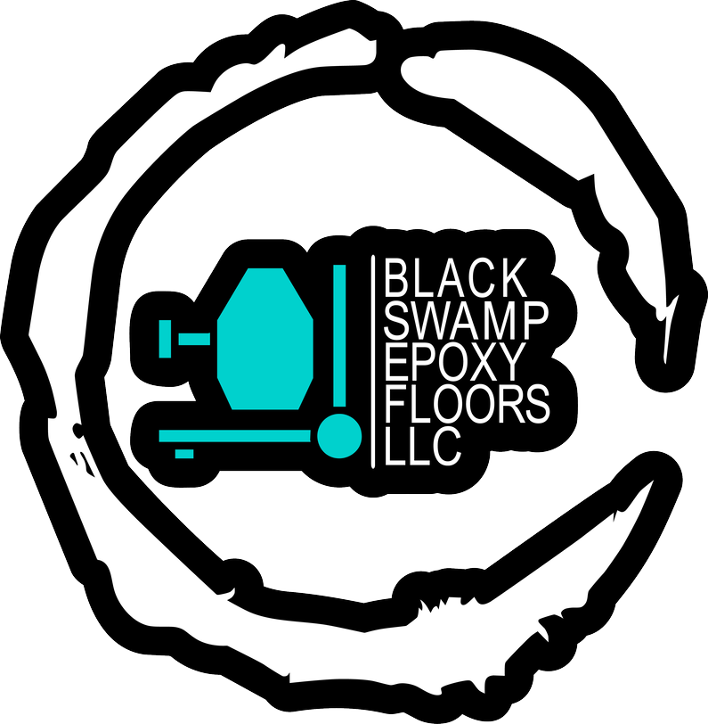 Black and cyan Black Swamp Epoxy Floors LLC logo inside a rough black circle