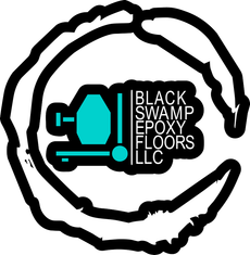 Black and cyan Black Swamp Epoxy Floors LLC logo inside a rough black circle