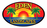 Logo for Eden Landscapes. Oval with sunset, palm trees, and company name in gold.