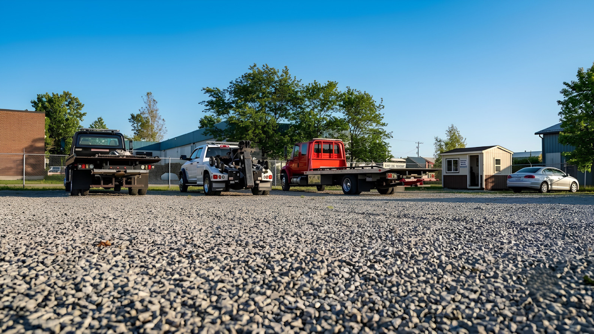 Parked trucks and trailers on a gravel lot under a clear blue sky, with trees and buildings in the background.