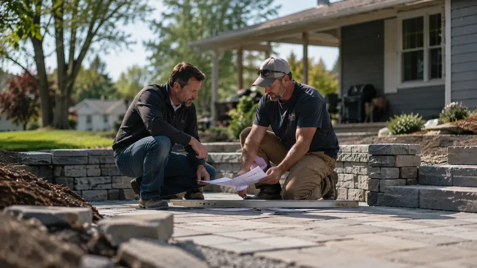 Two contractors review plans, showing what should you look for when hiring a hardscaping contractor.