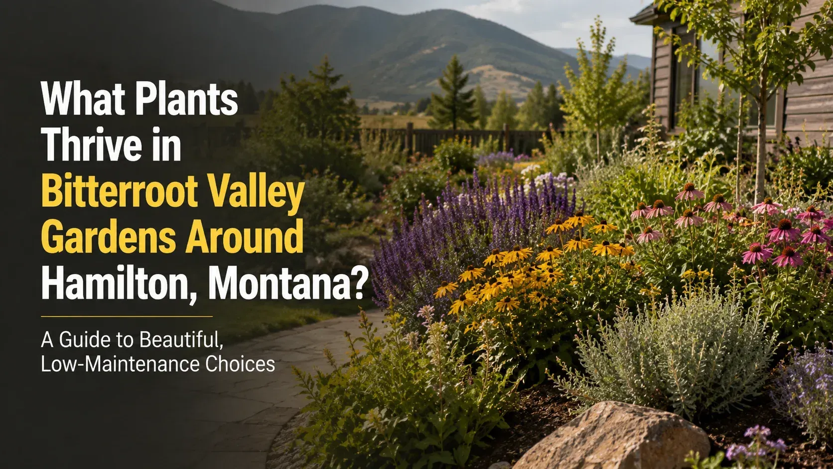A colorful garden bed featuring purple lavender and pink coneflowers set against mountain hills, illustration for What Plants Thrive in Bitterroot Valley Gardens Around Hamilton, Montana.