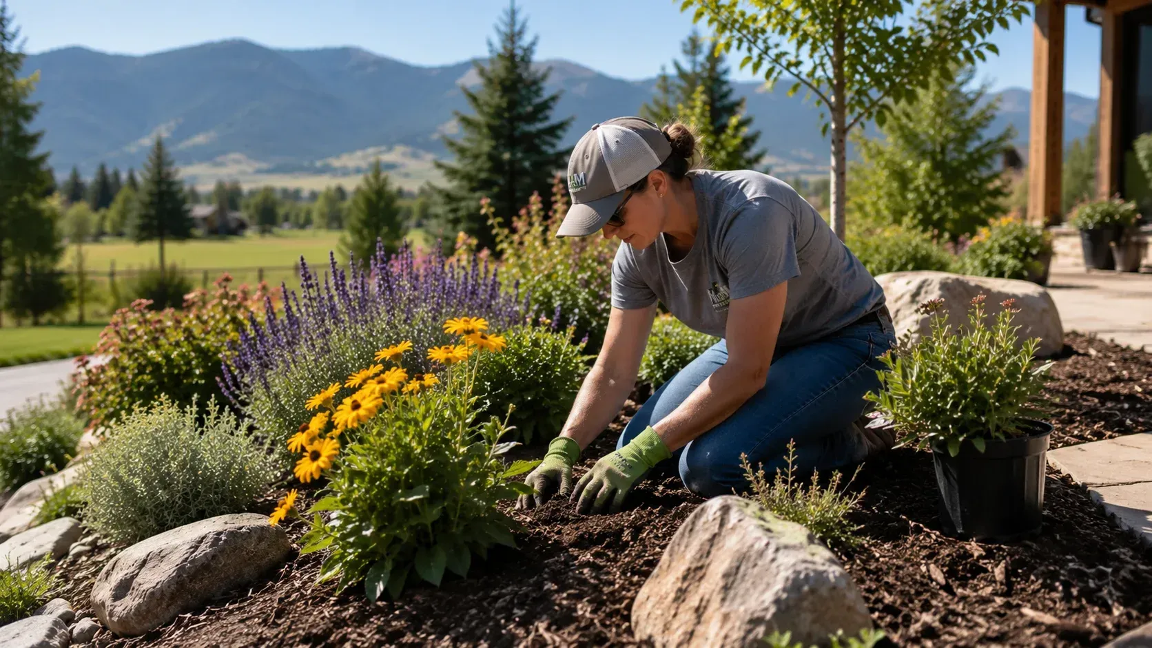 Gardener tending flowers, showing what plants thrive in Bitterroot Valley gardens around.