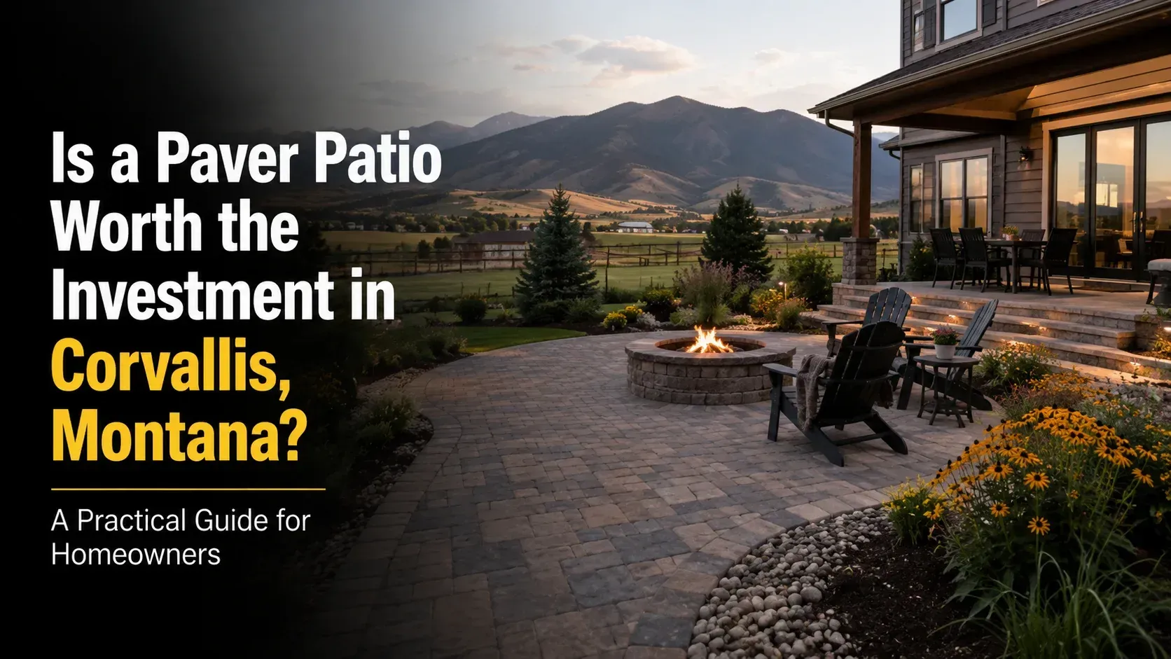 custom paver patio with a stone fire pit, seating, and scenic mountain views, illustrating if a paver patio is worth the investment in Corvallis, Montana.
