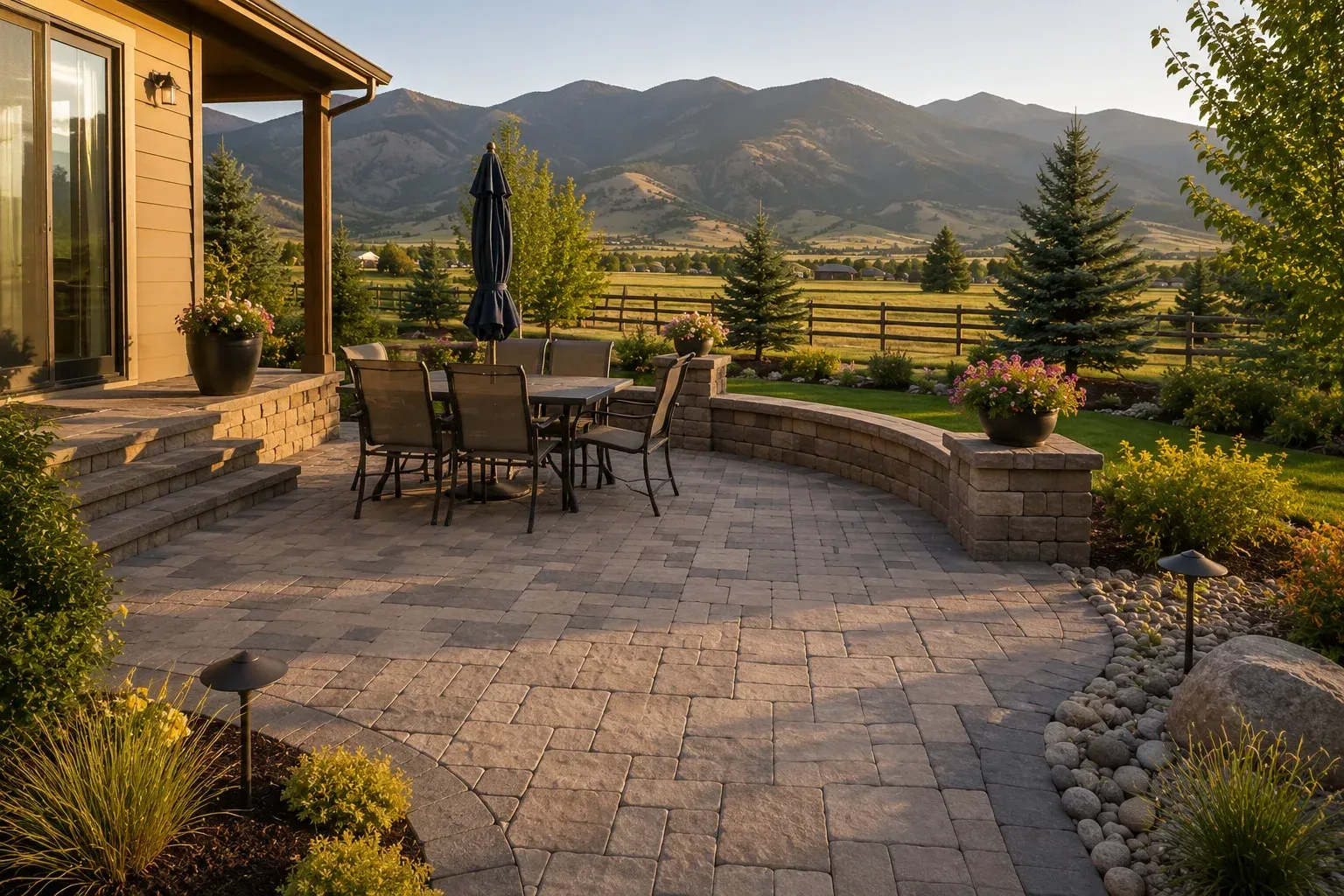 A custom paver patio with outdoor dining furniture and stone retaining walls overlooking scenic mountains, demonstrating if a paver patio is worth the investment in Corvallis, Montana.