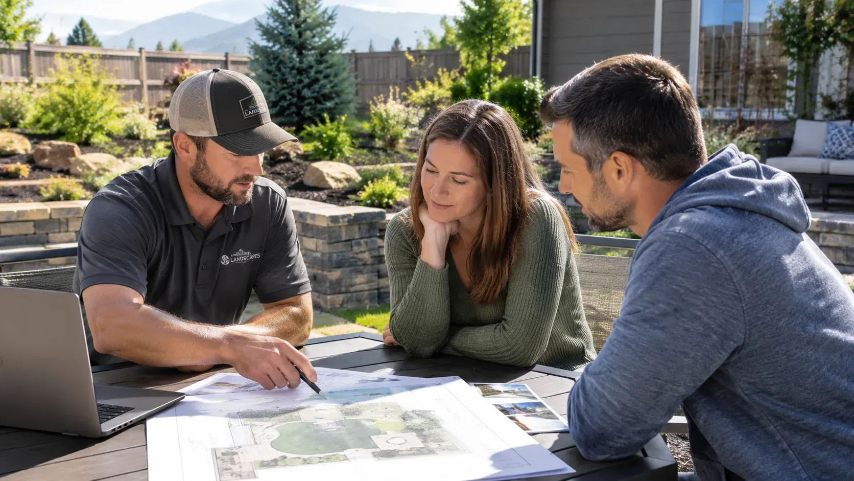 Landscaping package overview with contractors reviewing design blueprints on a stone patio.