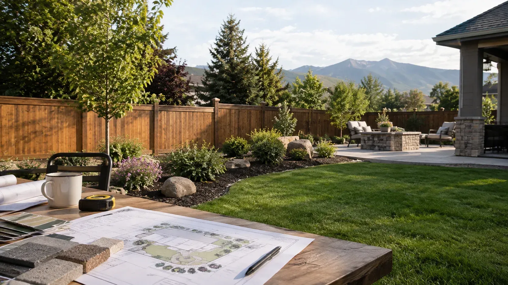 Blueprint plans on table: what's the difference between landscaping and landscape design.