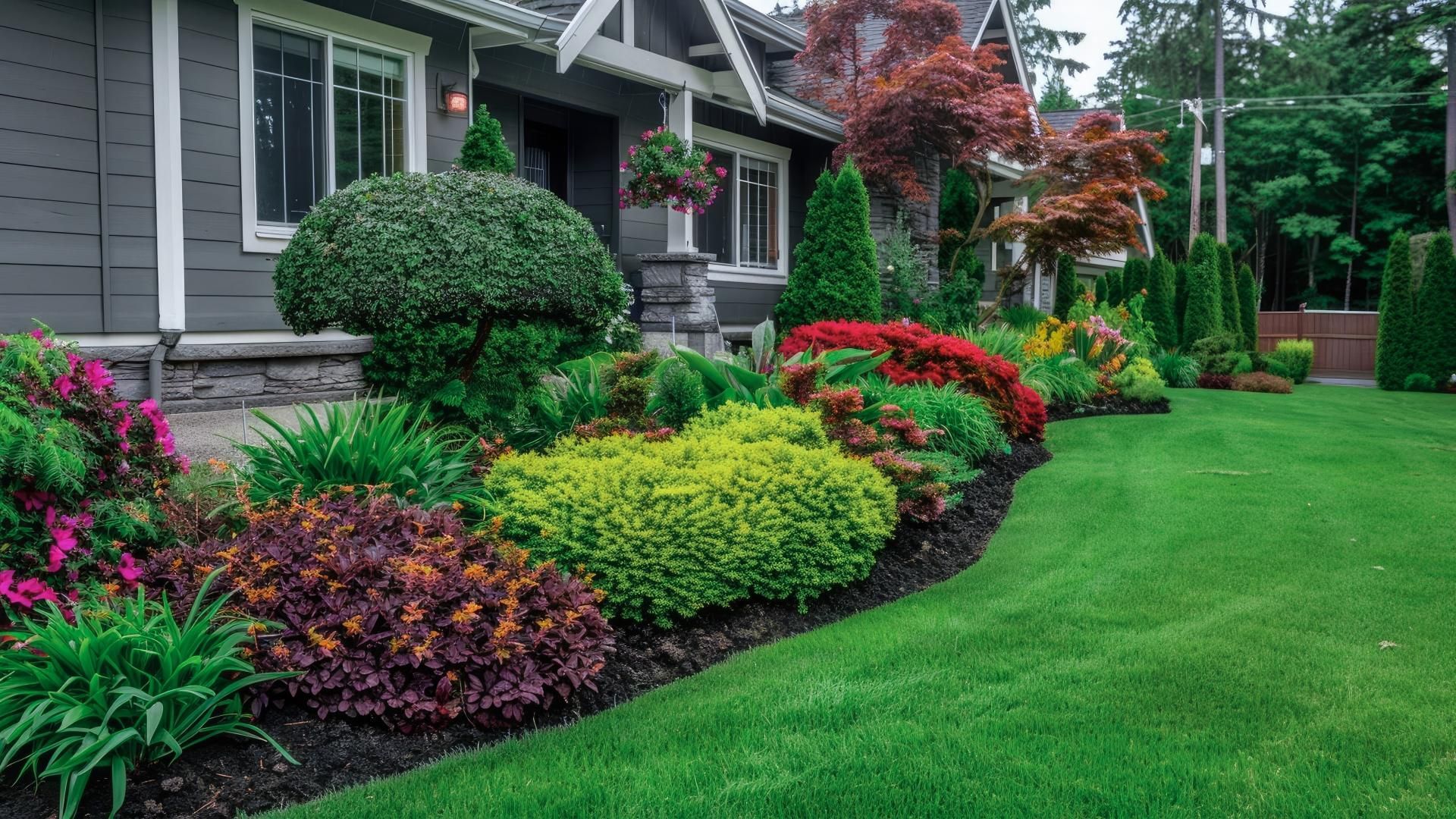 A lush landscaped garden in front of a gray house with a manicured green lawn and colorful shrubs and trees.