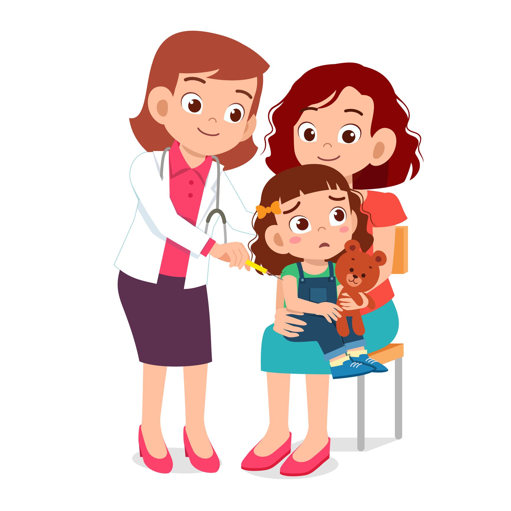 A cartoon of a female pediatrician with a mother who is sitting with a child on her lap. The child has a teddy bear.