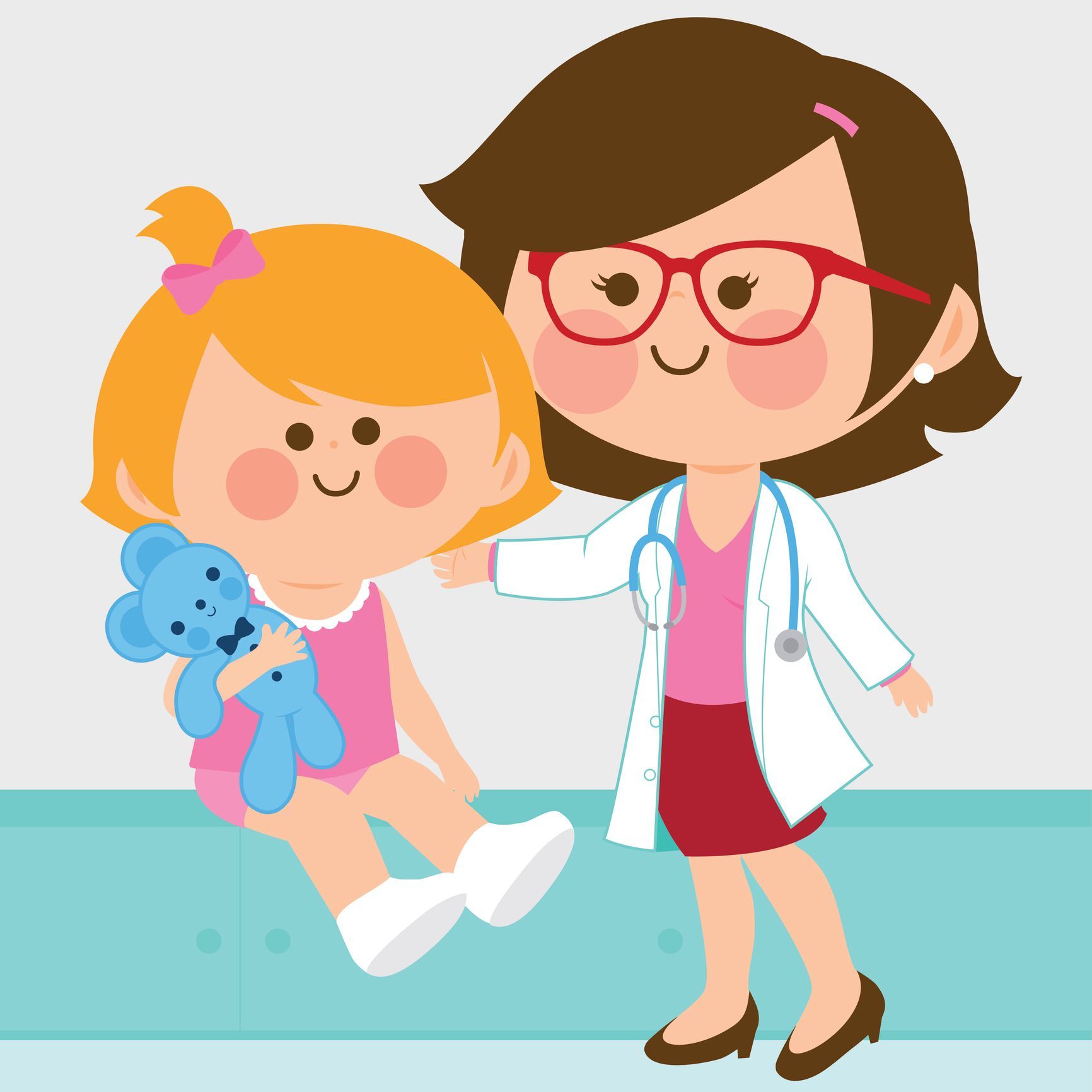 A cartoon of a female pediatrician with a young girl holding a blue teddybear.