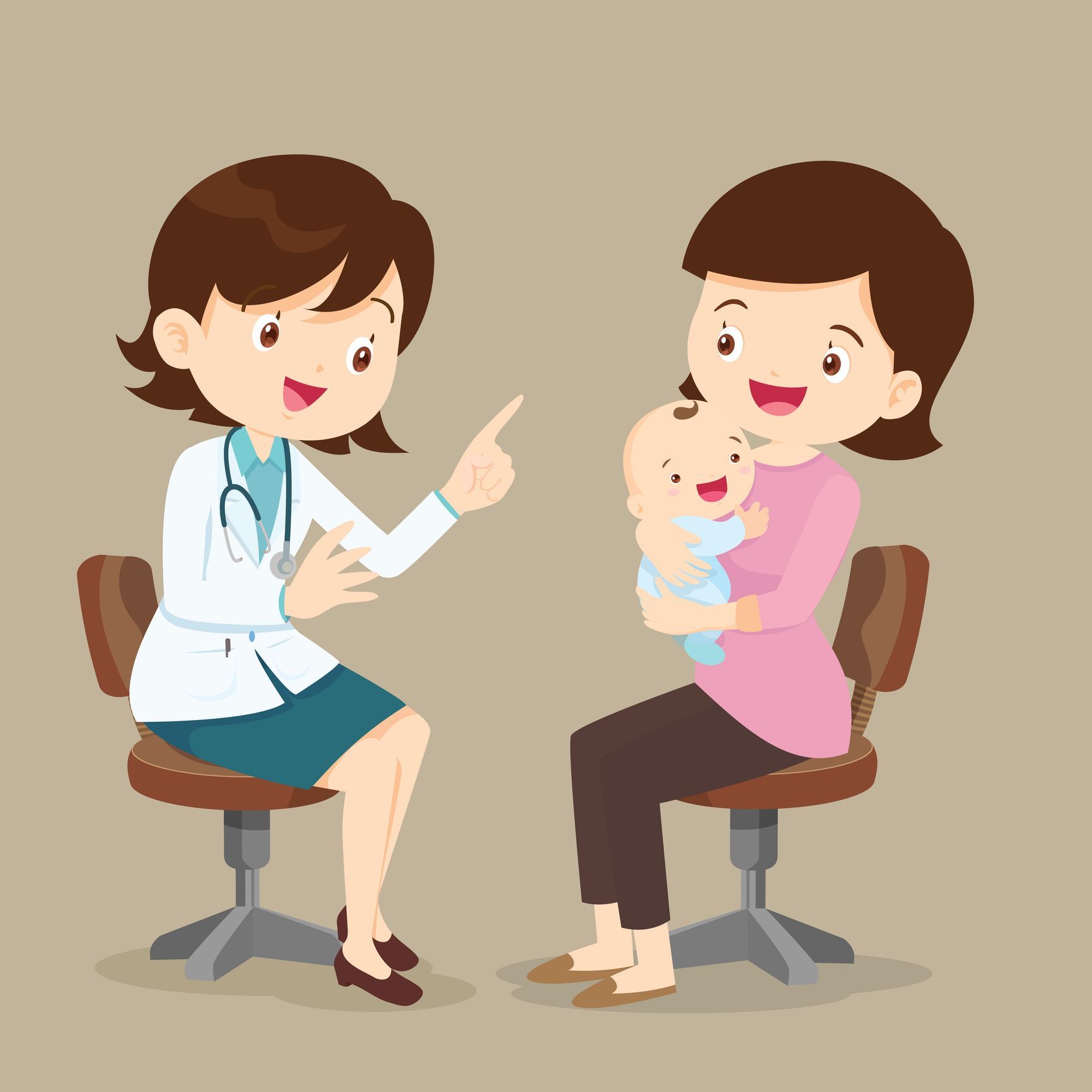 A cartoon of a female pediatrician with a mother who is sitting on a chair, holding her baby. They are all smiling.