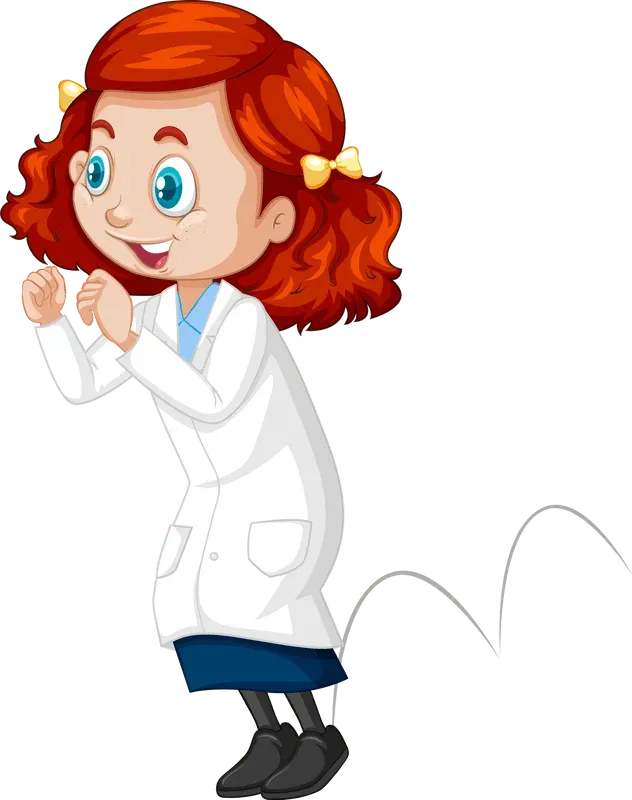 A cartoon illustration of a girl in a lab coat on a white background.