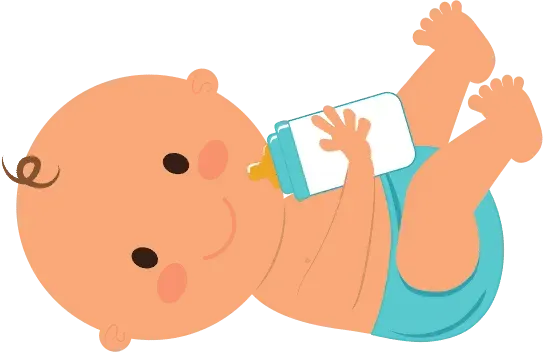 Cartoon of baby on back holding a bottle. The baby is smiling.