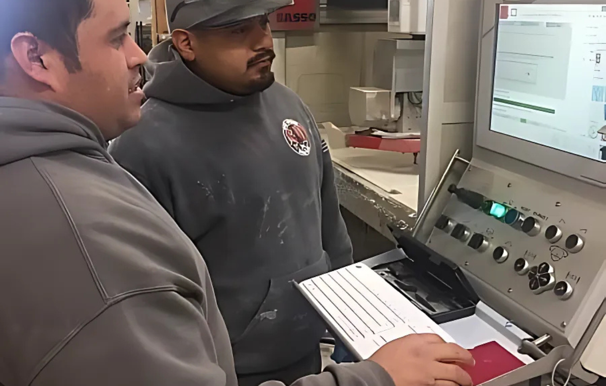 Two men in grey sweatshirts operate machinery at a workstation, studying a screen.