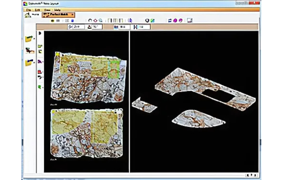 Screenshot of software displaying scanned objects. Gray and brown textures, yellow highlights on black background.