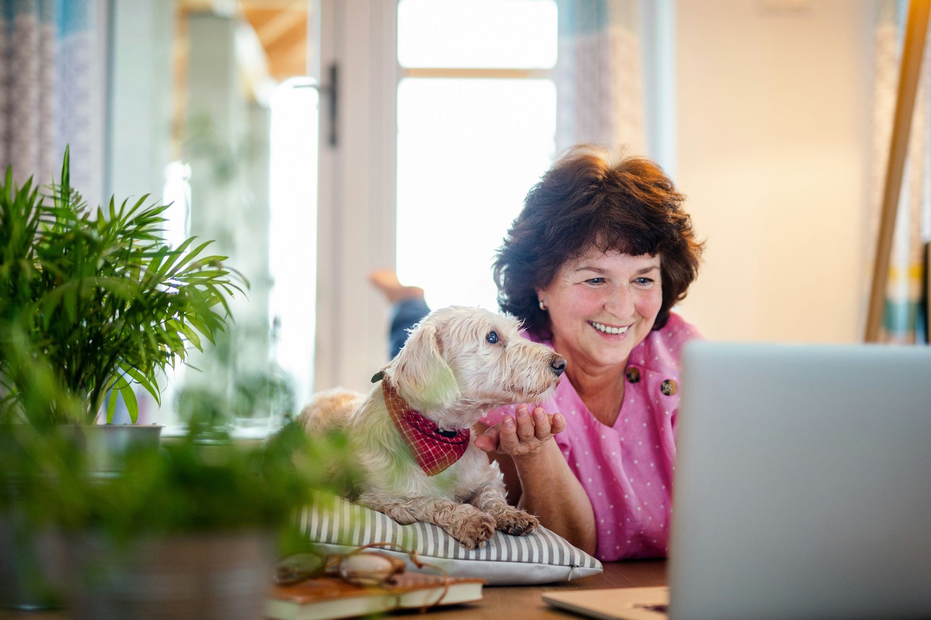 Person smiling at a laptop with a small dog in a bright home office