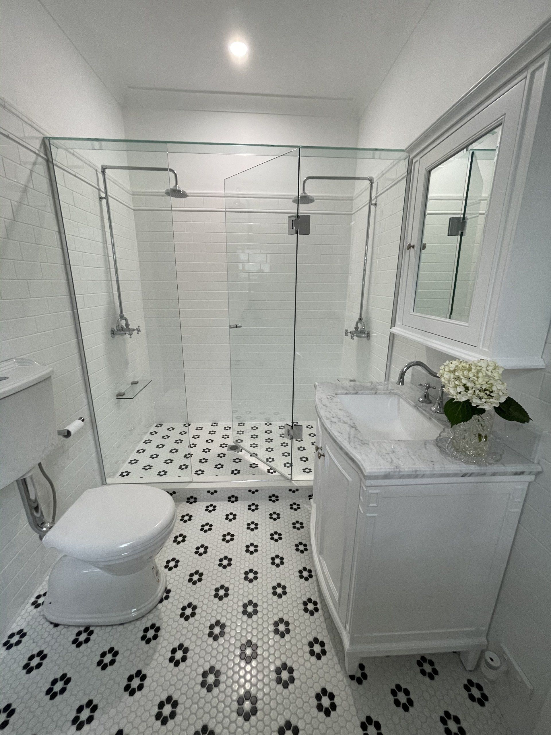 A bathroom with a toilet , sink , Frameless Hinged Shower Screen and mirror.