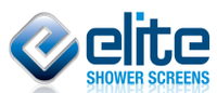 A blue and white logo for elite shower screens