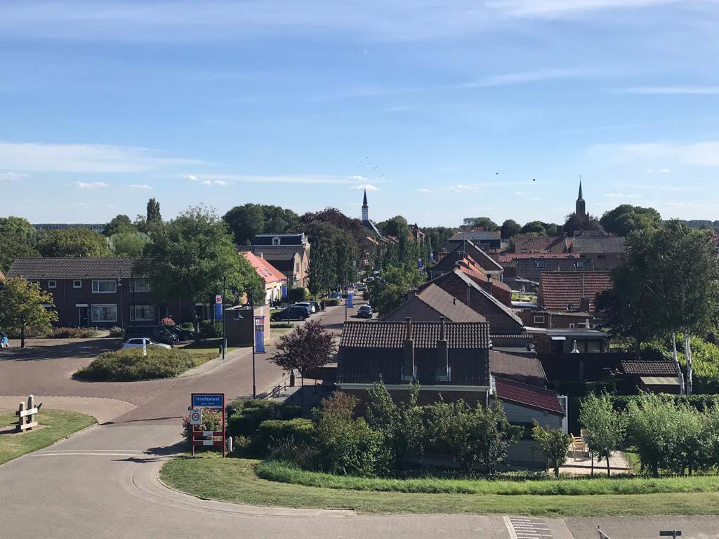 Een verhoogd uitzicht op een rustig, zonnig stadje met huizen, groene bomen, een kerktoren in de verte en een geplaveide weg.