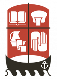 Red and black shield emblem with four white symbols: book, hat, sailboat, and hands, above a wave and anchor.
