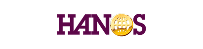 Het HANOS-logo in paars, waarbij de O is vervangen door een gouden wereldbol.