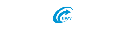 Blauw UWV-logo met een pijl omhoog.