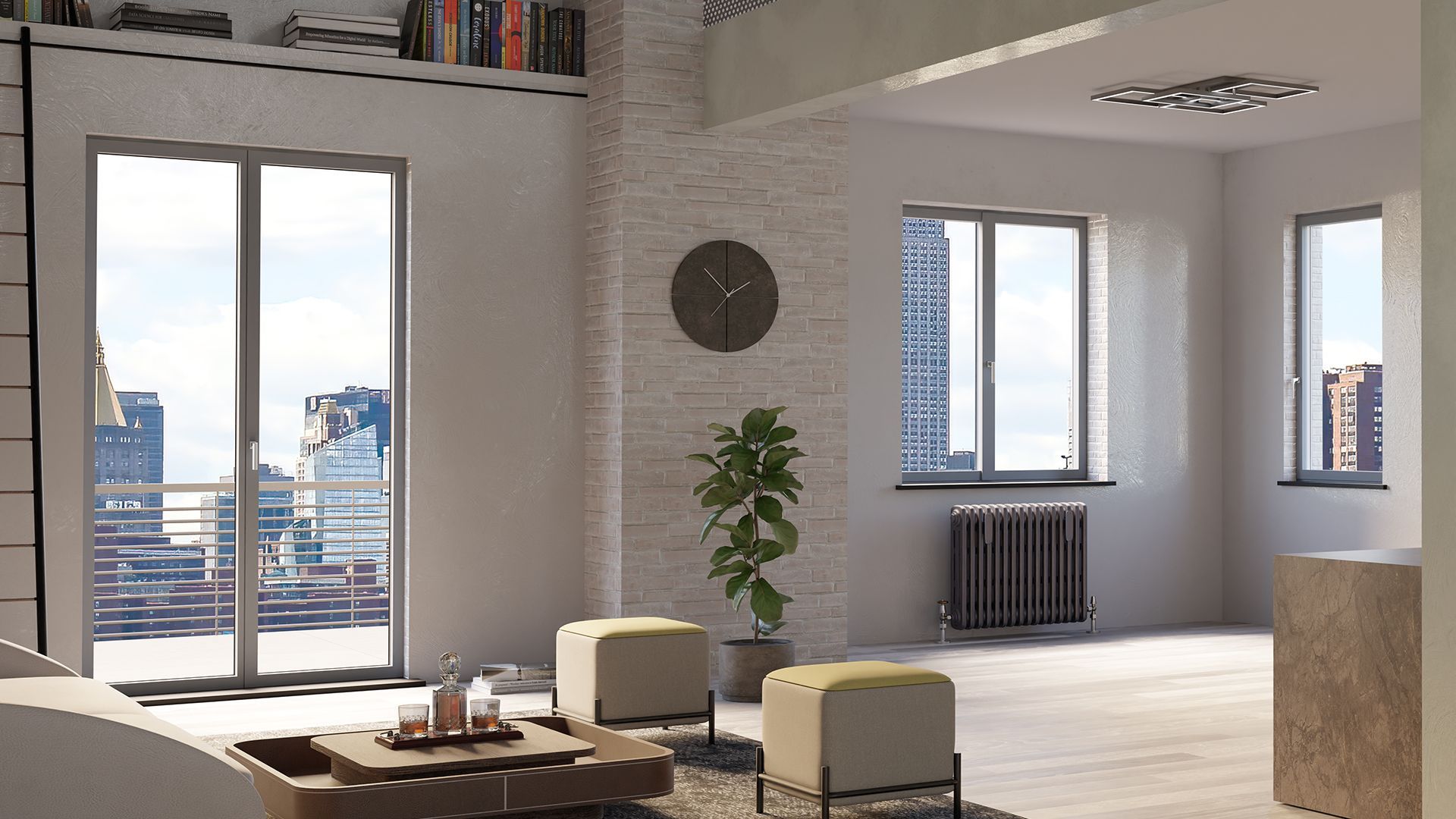 Luminoso soggiorno minimalista con ampie finestre, vista sulla città, poltrone, tavolino da caffè e orologio a parete.