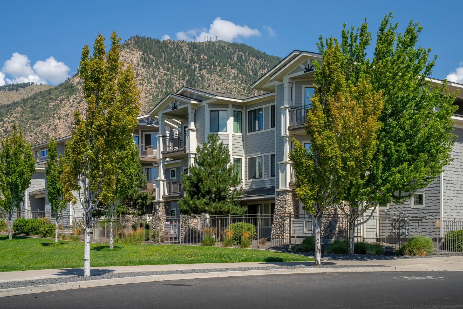 Exterior view of apartment buildings with balconies and trees in the foreground at Elevation in Flagstaff, AZ.