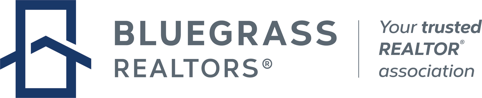 Bluegrass Realtors logo: blue house icon, text "BLUEGRASS REALTORS®", and "Your trusted REALTOR® association."