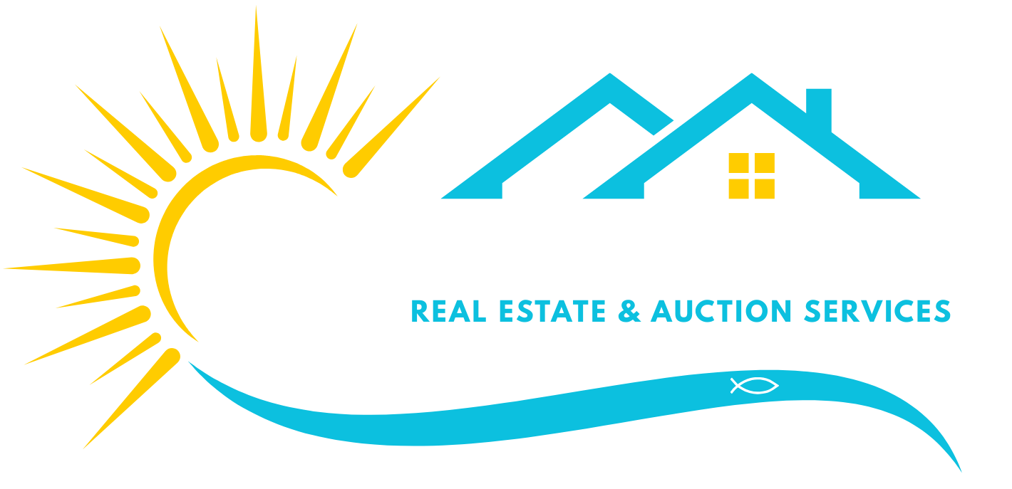 Logo with a sun, house, and wave; text