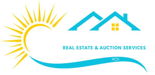 Logo with a sun, house, and wave; text 