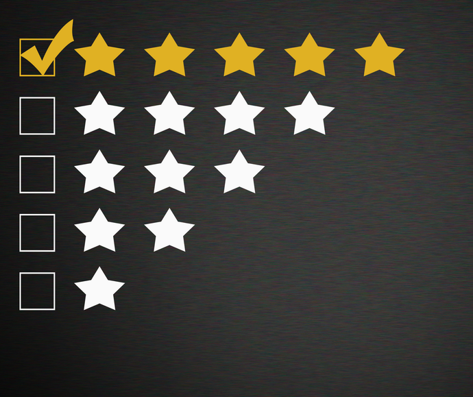 Five-star rating menu with one gold checkmarked row and several white star rows on a dark background