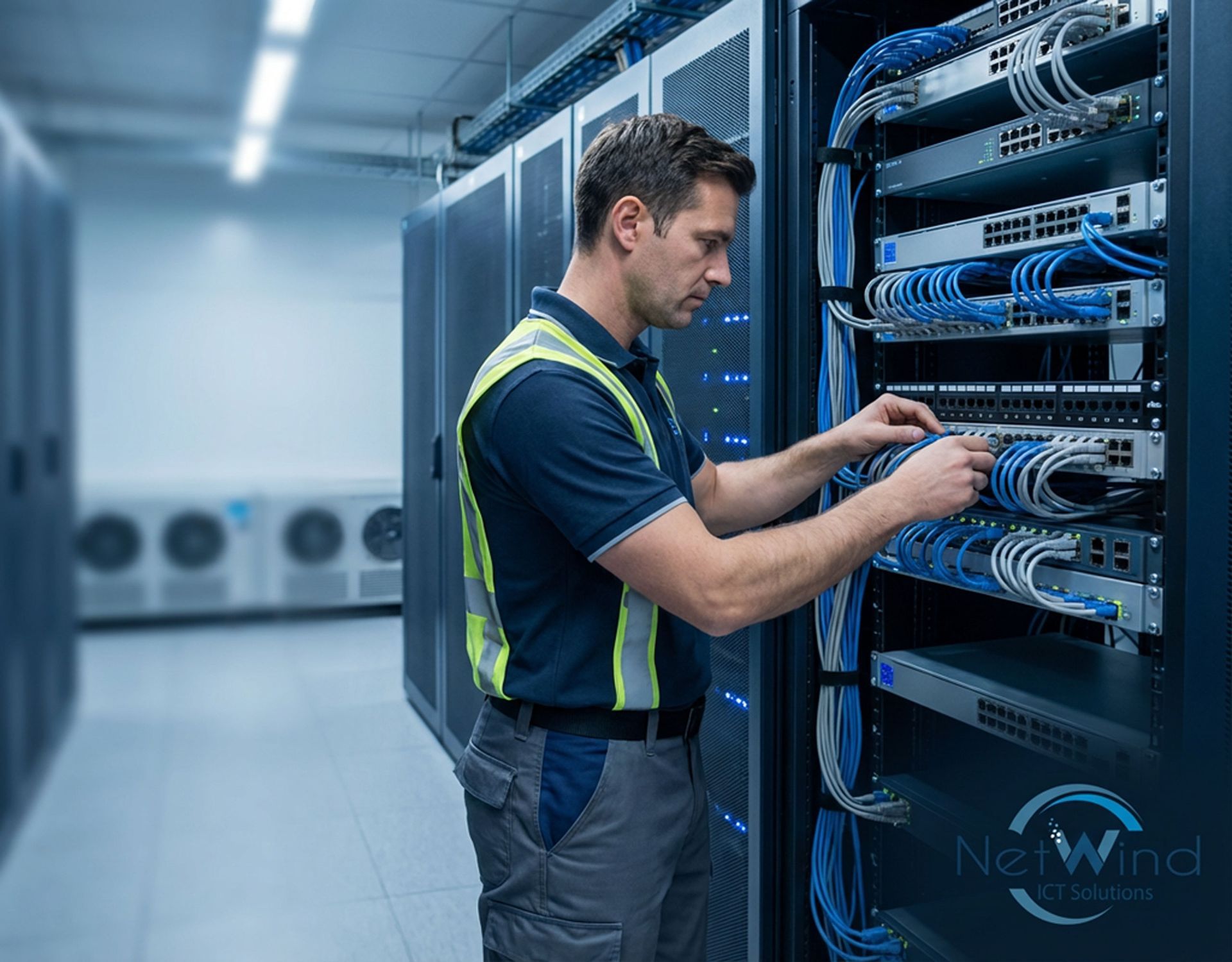 NetWind field engineer performing on-site network services in a technical environment