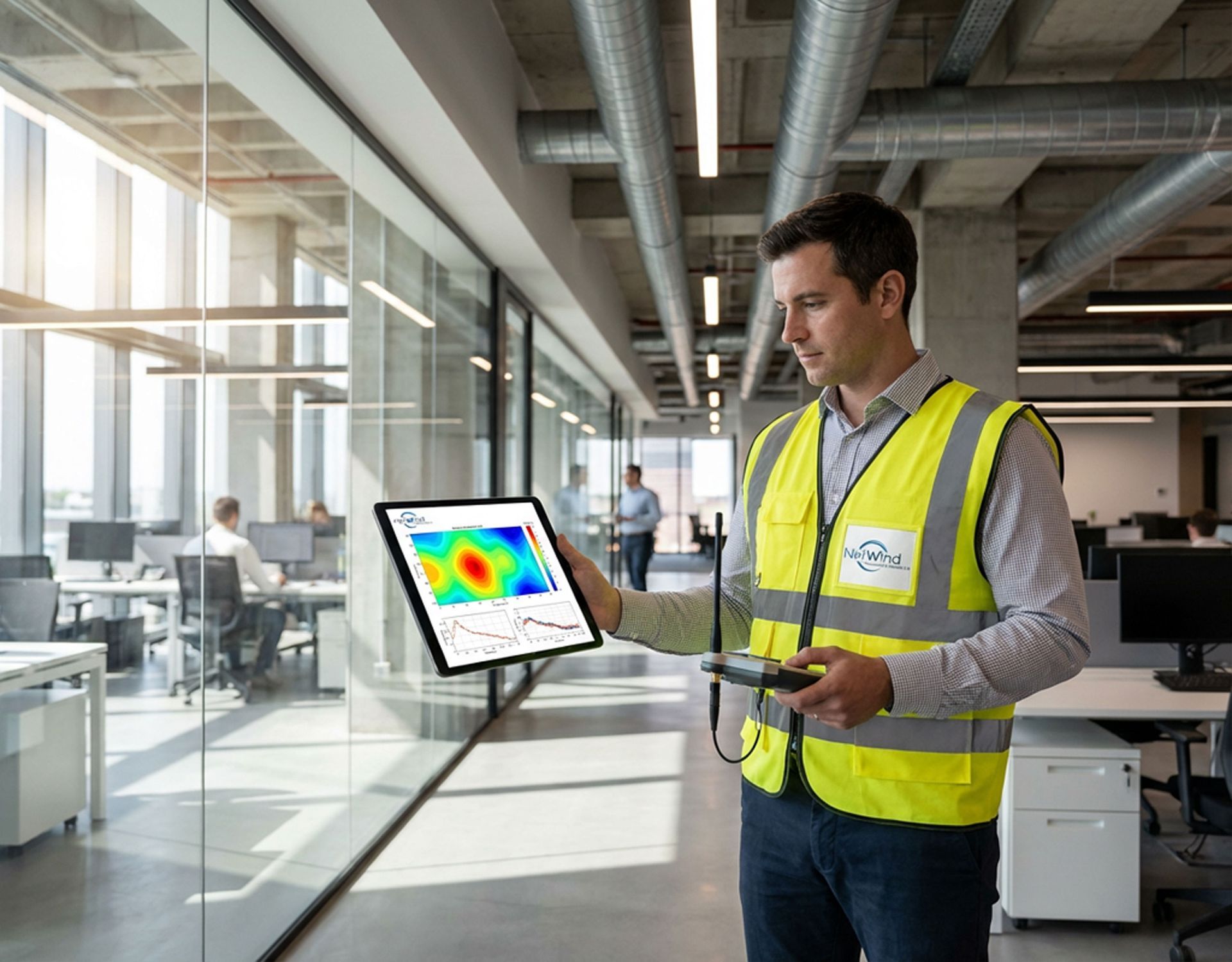 RF engineer performing an on-site wireless survey using a tablet