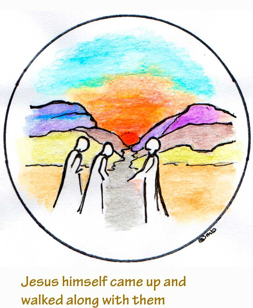 Jesus on the road to Emmaus with disciples