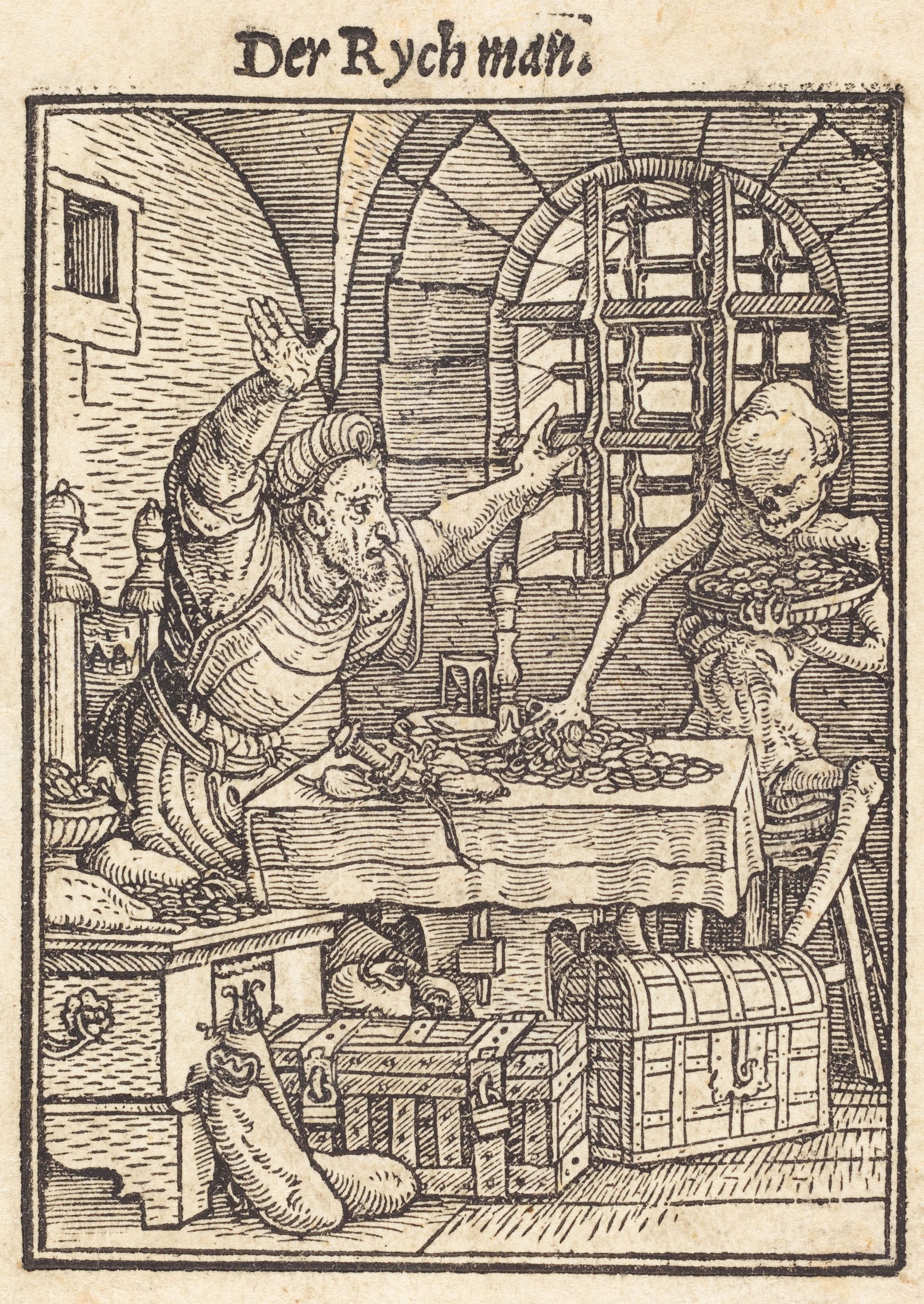 A woodcut designed by Hans Holbein shows the Rich Man visited by Death who takes his wealth. 
