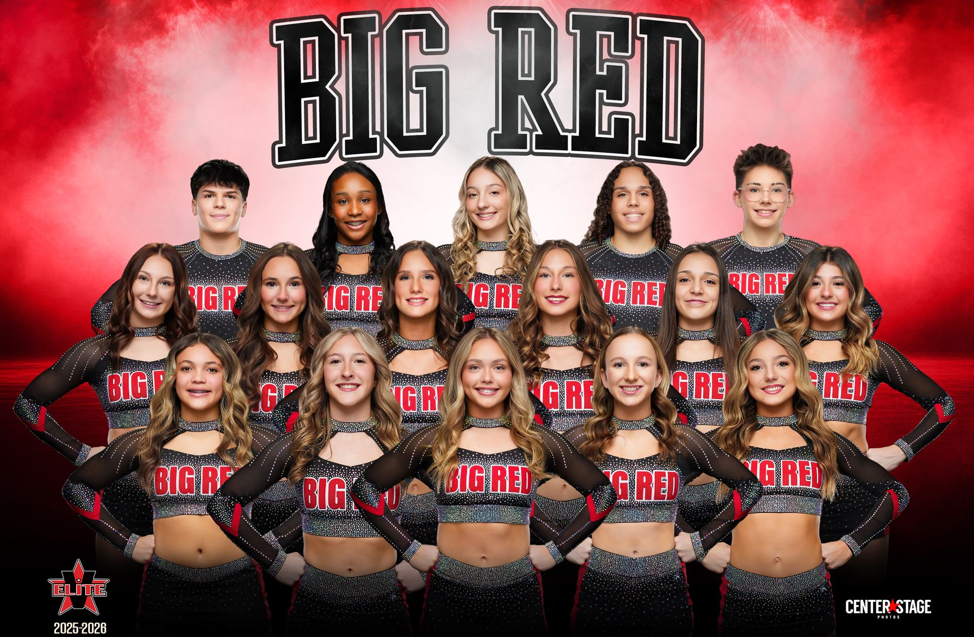 A cheer team poses for a group photo against a red background with the words 