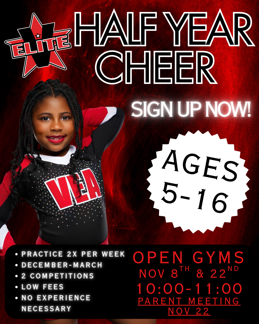 Three cheerleaders in black and red uniforms pose against a dark background, with the center cheerleader posing arms up.
