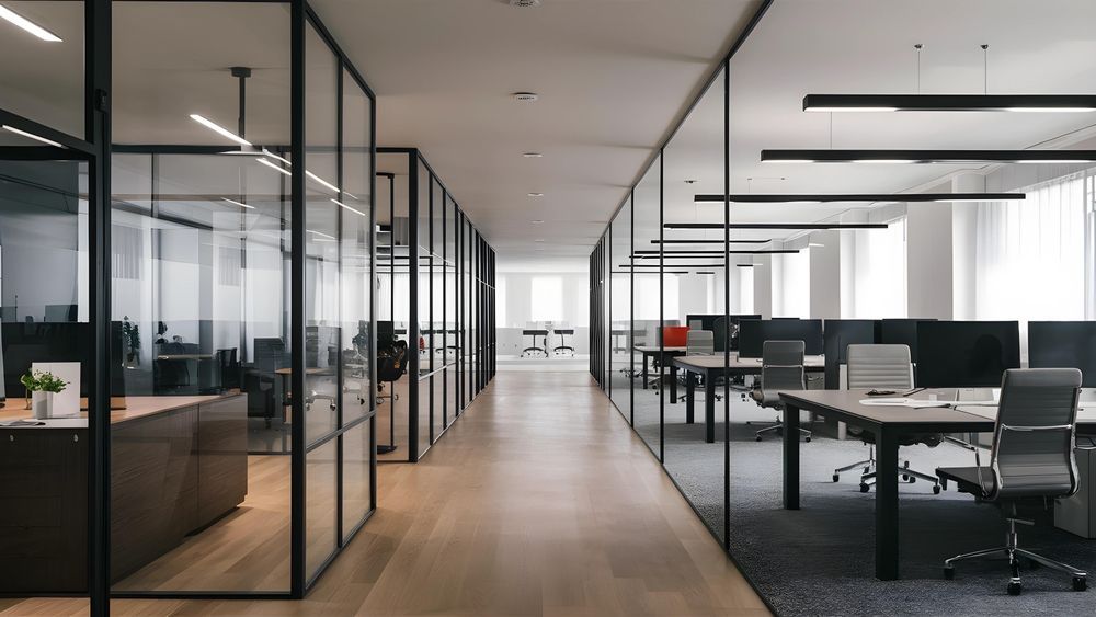 Office hallway with glass-walled offices. Desks and chairs are visible inside, with a wood floor and bright lighting.