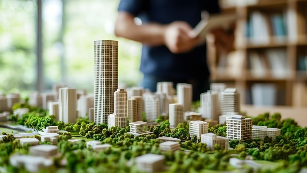 Architect reviewing a model city with miniature buildings and trees.